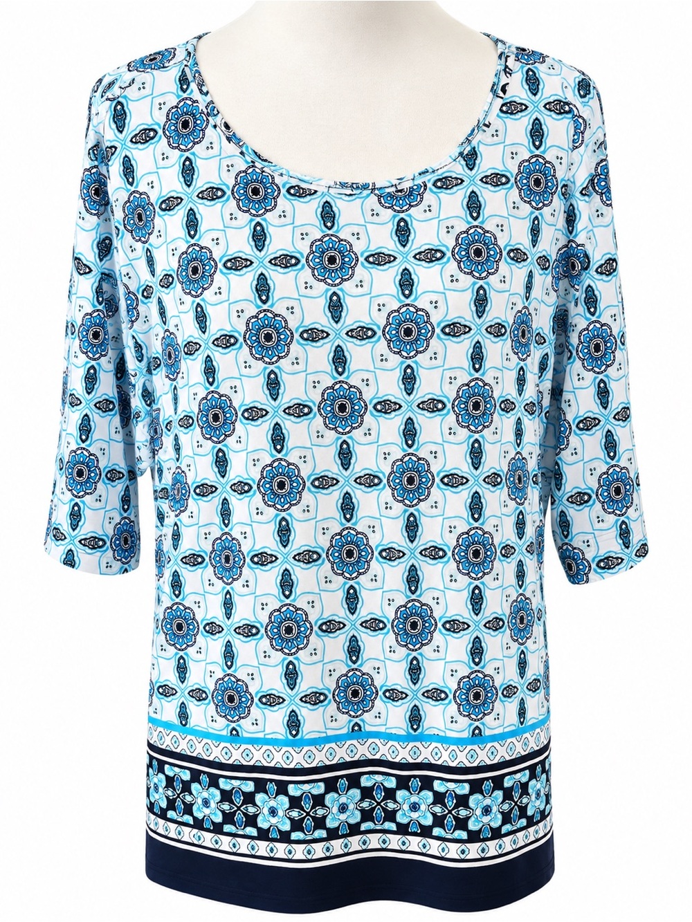 Dana Buchman Light Blue and Navy Printed Scoop Neck Top